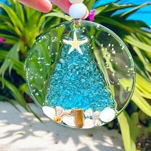 Coastal Christmas Tree Ornament Nautical Beach Glass Shells‎ Starfish Beachy Art